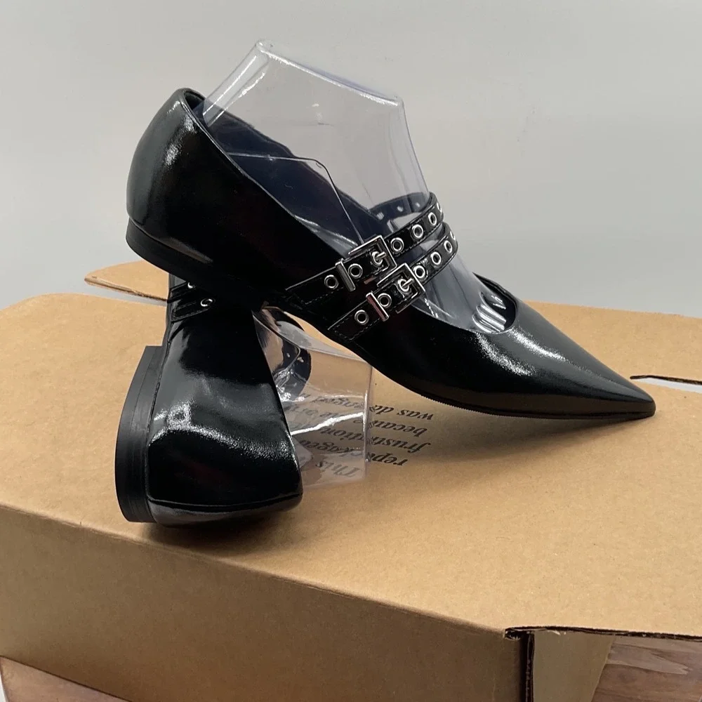 Open Edit Black Patent Pointed Toe Mary Jane Flats Double Grommet Buckle Straps